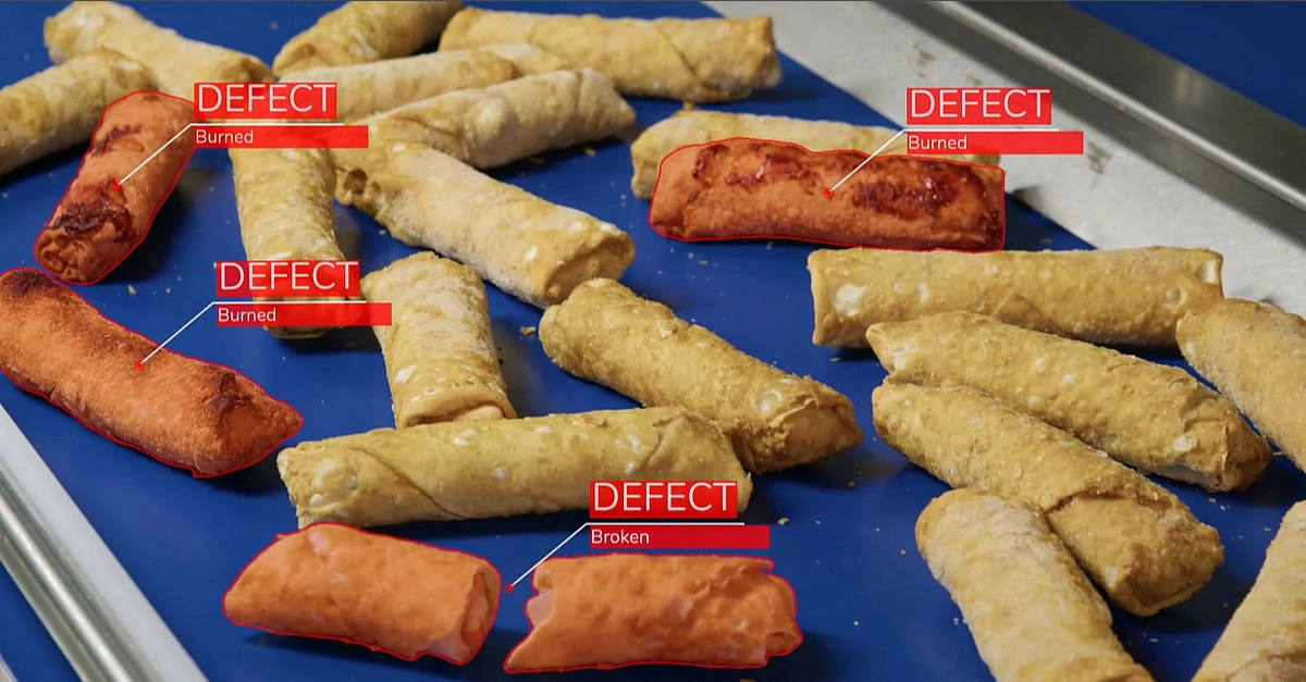 AI machine vision detecting burned and broken egg rolls with defect bounding boxes
